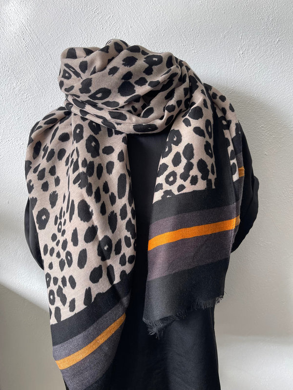Sjaal dierenprint zwart/oranje/beige